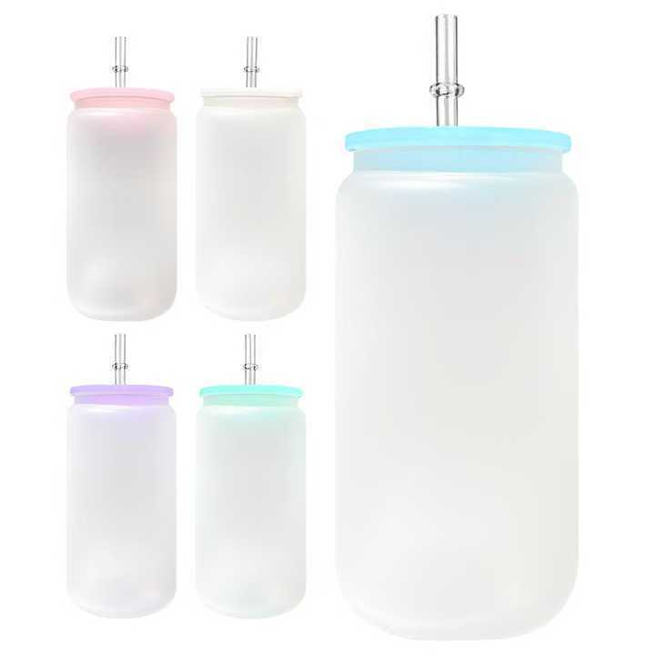 RTS US Warehouse Case of 16oz Sublimation Clear/frosted Glass Can With Clear Plastic Straw and colored Lids