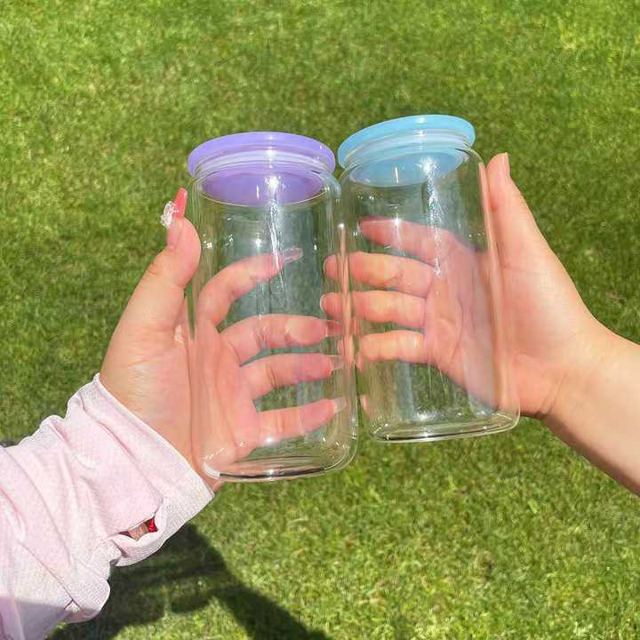 RTS US Warehouse Case of 16oz Sublimation Clear/frosted Glass Can With Clear Plastic Straw and colored Lids