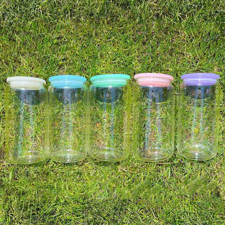 RTS US Warehouse Case of 16oz Sublimation Clear/frosted Glass Can With Clear Plastic Straw and colored Lids