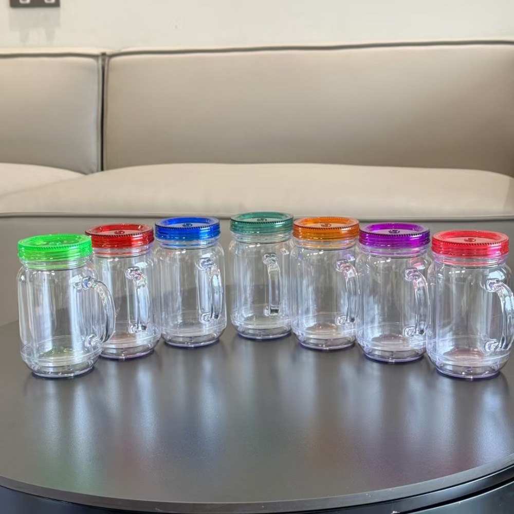 RTS CN - Case of 25pack 20oz Plastic Colored/Clear Snow Globe Mason Jar with Handle&Colored Lids