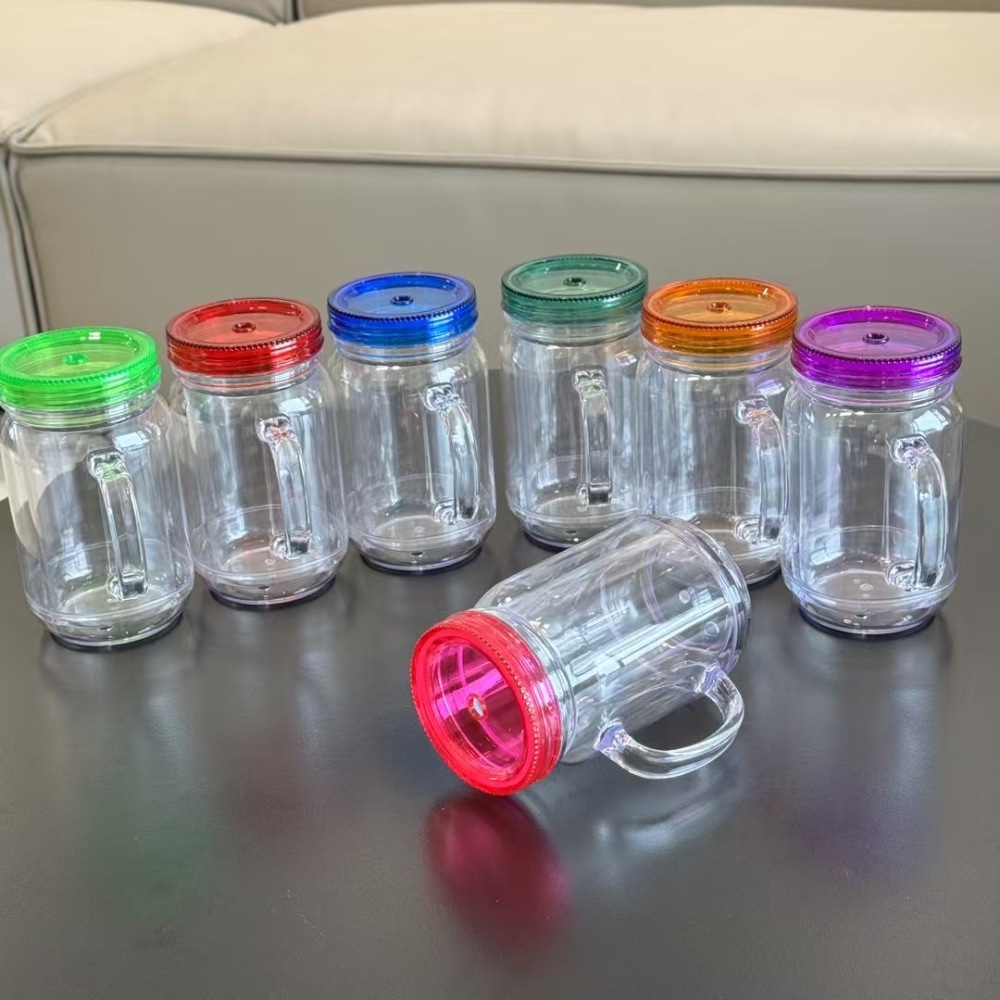 RTS CN - Case of 25pack 20oz Plastic Colored/Clear Snow Globe Mason Jar with Handle&Colored Lids