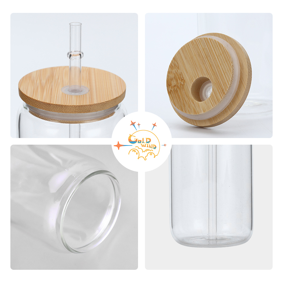 RTS US Warehouse 16oz Sublimation Case of 25pack clear/frosted Glass Can With Bamboo Lid and Plastic Straw