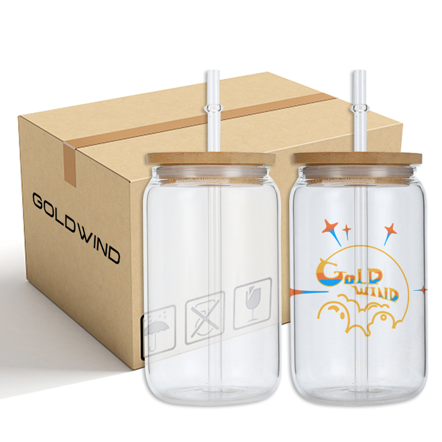 RTS US Warehouse 16oz Sublimation Case of 25pack clear/frosted Glass Can With Bamboo Lid and Plastic Straw