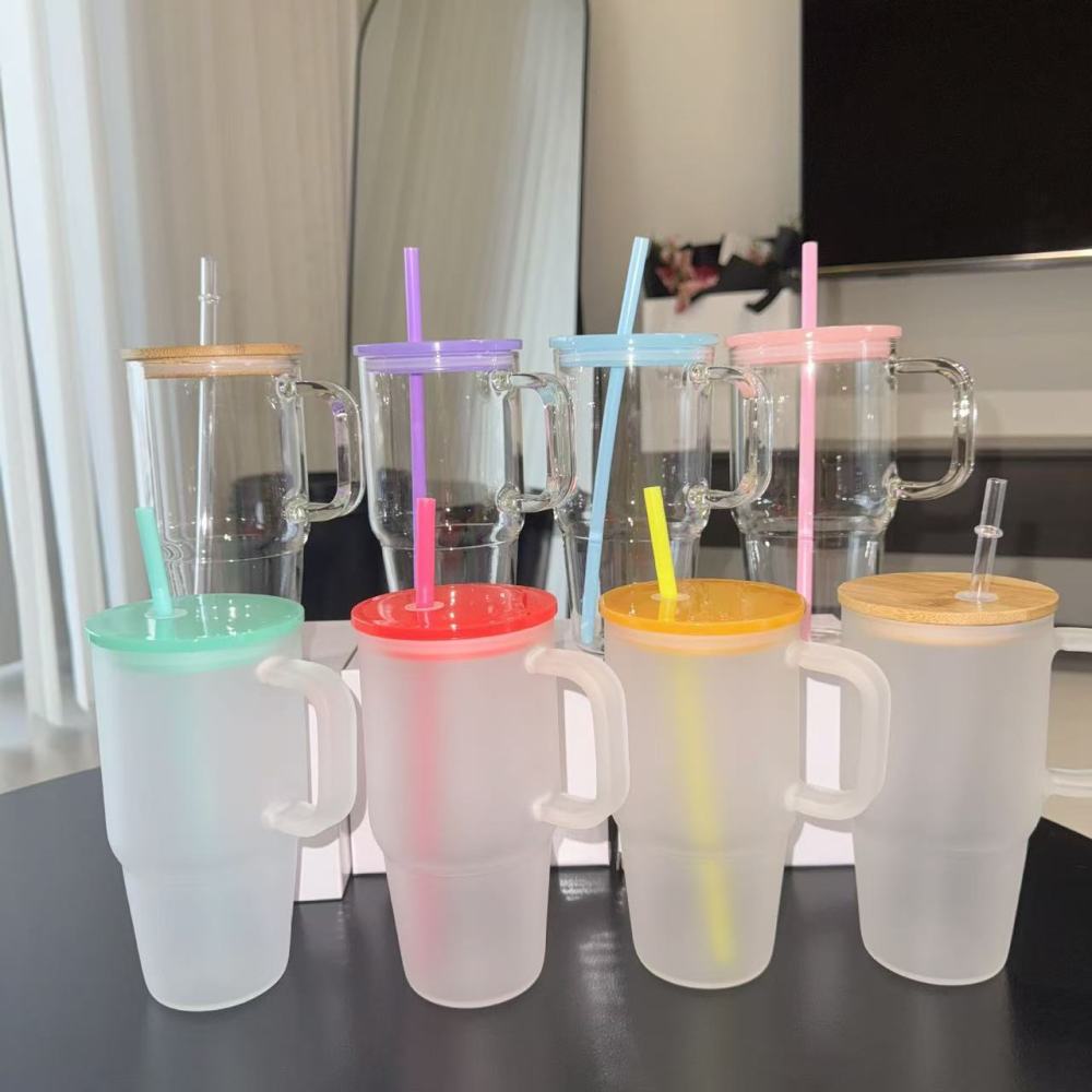 RTS CHINA - New Sublimation glass mug cups cute kids 20oz clear frosted glass mugs with colorful lids