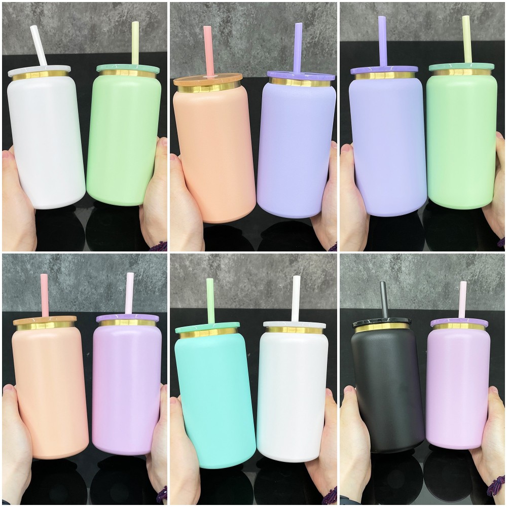 RTS CHINA Case of 50pack Double Walled Vacuum insulated 16oz Sublimation/Engraving Stainless Steel Mason Jar With Colored Plastic Straw and Colored Lids