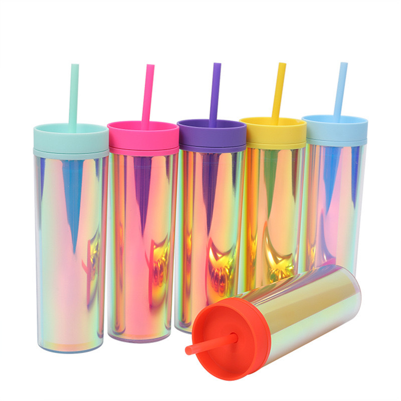 RTS CHINA - 16oz Plastic Iridiscent Double Wall Tumbler with Plastic Straw
