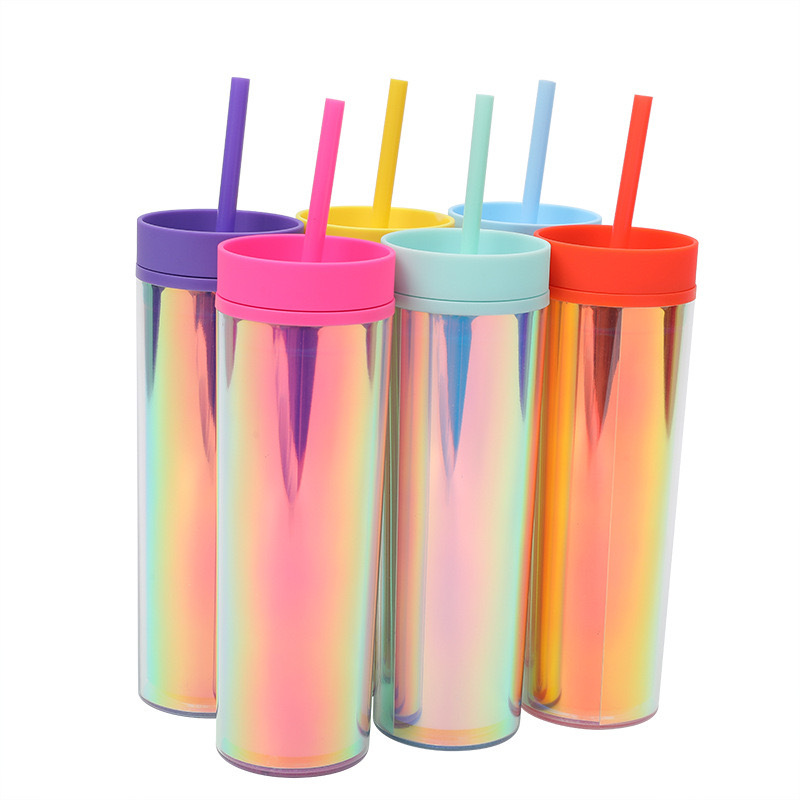 RTS CHINA - 16oz Plastic Iridiscent Double Wall Tumbler with Plastic Straw