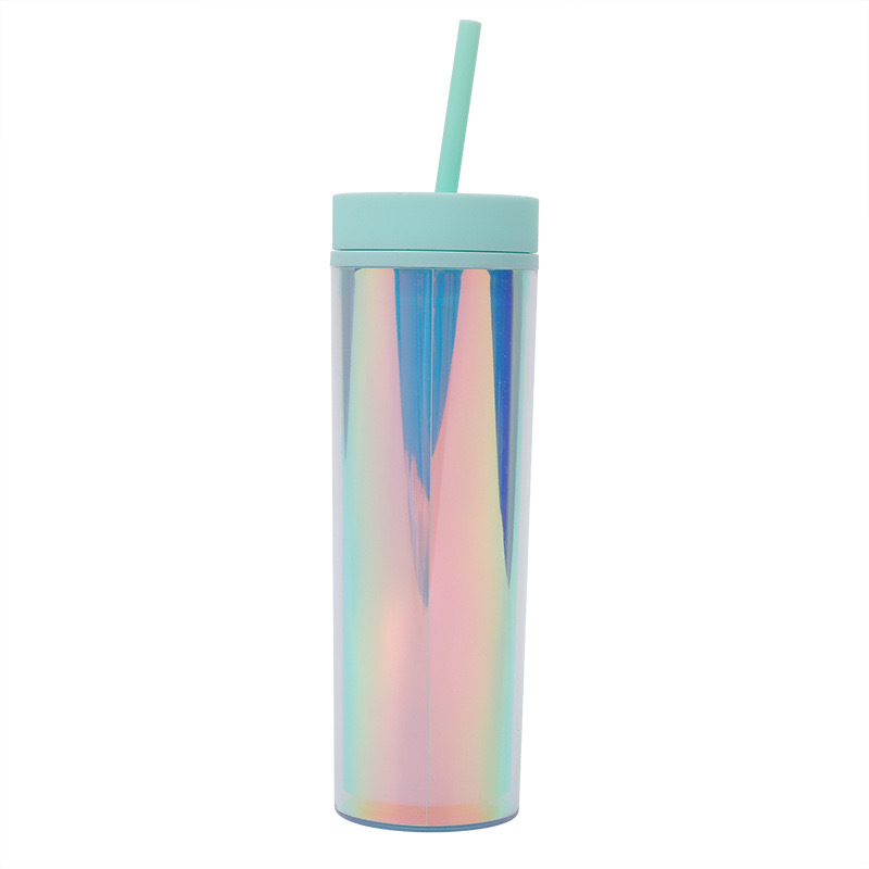 RTS CHINA - 16oz Plastic Iridiscent Double Wall Tumbler with Plastic Straw