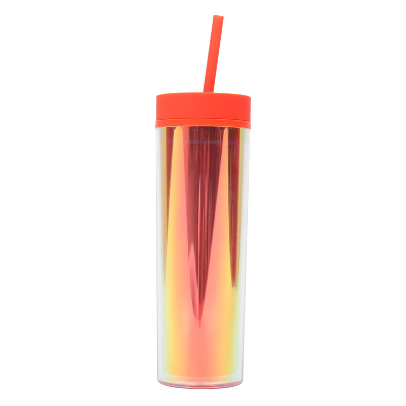 RTS CHINA - 16oz Plastic Iridiscent Double Wall Tumbler with Plastic Straw