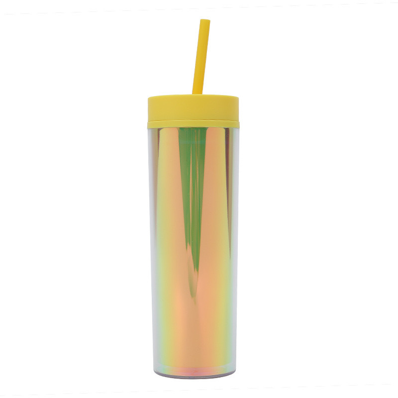 RTS CHINA - 16oz Plastic Iridiscent Double Wall Tumbler with Plastic Straw