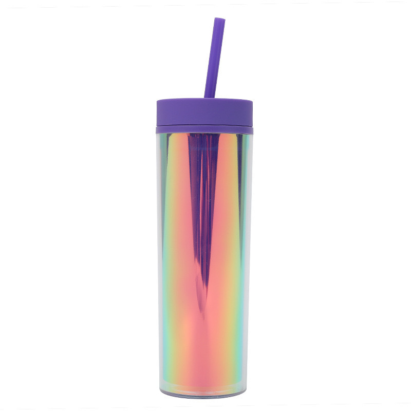 RTS CHINA - 16oz Plastic Iridiscent Double Wall Tumbler with Plastic Straw