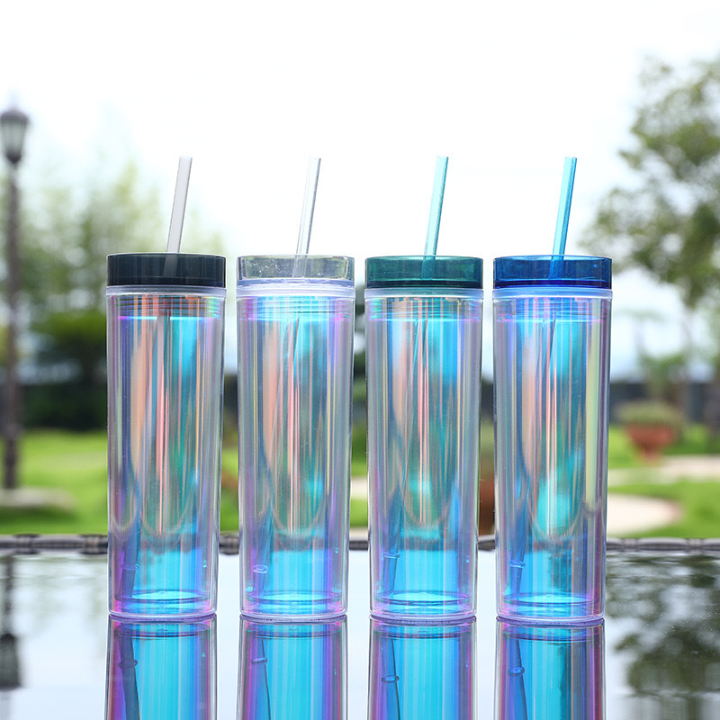 RTS CHINA - 16oz Plastic Iridiscent Double Wall Tumbler with Plastic Straw