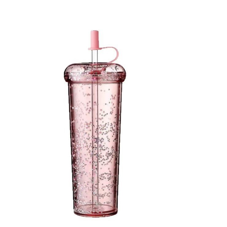 RTS CHINA - 10oz/14oz/17oz/24oz Thermal Transfer/Customized Pre-drilled Glitter Double Wall Blank Tritan Material Sippy Straw Cup