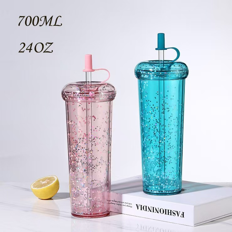 RTS CHINA - 10oz/14oz/17oz/24oz Thermal Transfer/Customized Pre-drilled Glitter Double Wall Blank Tritan Material Sippy Straw Cup
