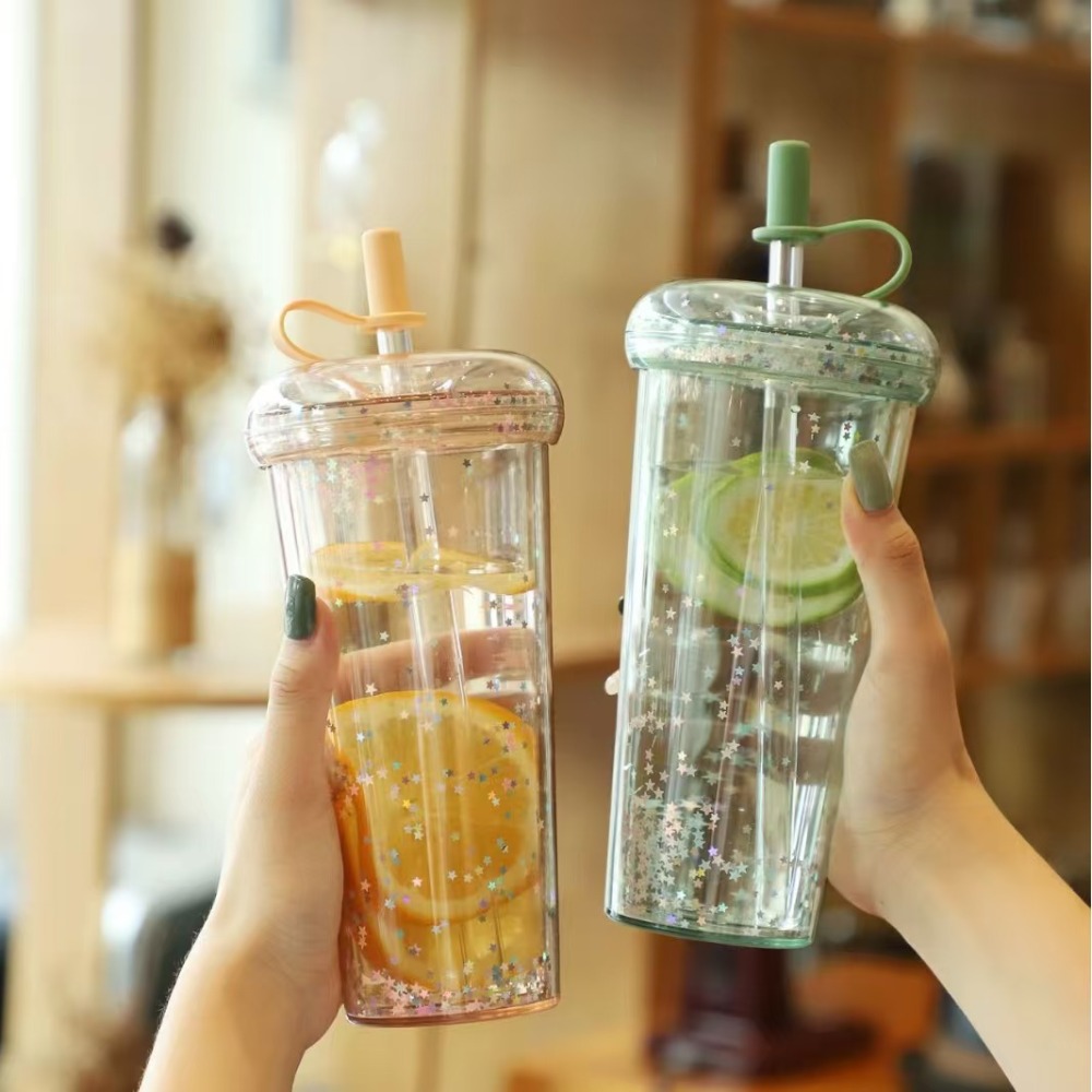RTS CHINA - 10oz/14oz/17oz/24oz Thermal Transfer/Customized Pre-drilled Glitter Double Wall Blank Tritan Material Sippy Straw Cup
