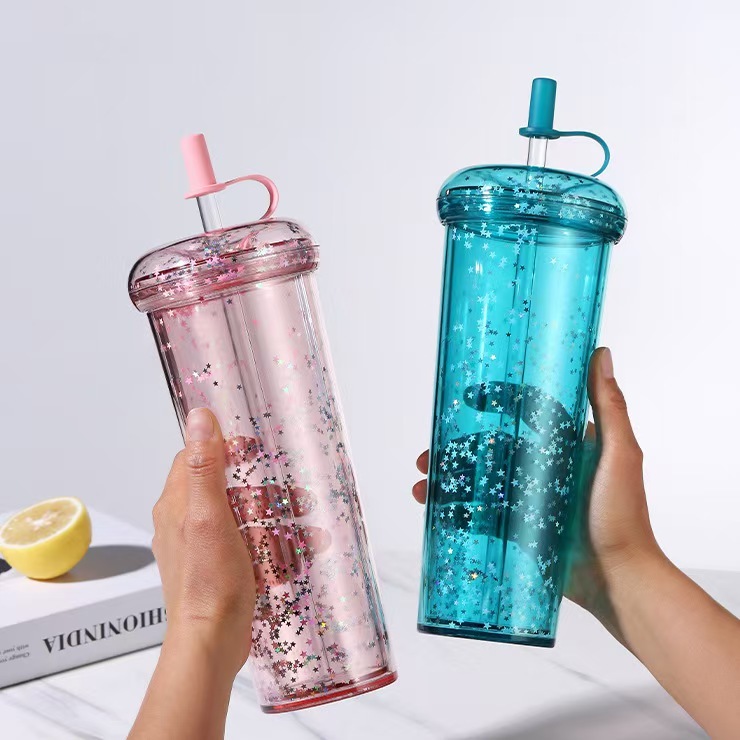 RTS CHINA - 10oz/14oz/17oz/24oz Thermal Transfer/Customized Pre-drilled Glitter Double Wall Blank Tritan Material Sippy Straw Cup
