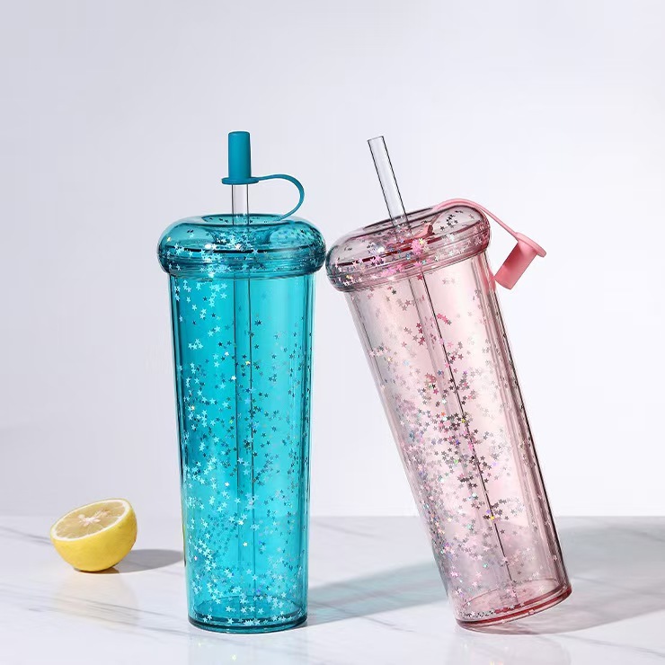 RTS CHINA - 10oz/14oz/17oz/24oz Thermal Transfer/Customized Pre-drilled Glitter Double Wall Blank Tritan Material Sippy Straw Cup
