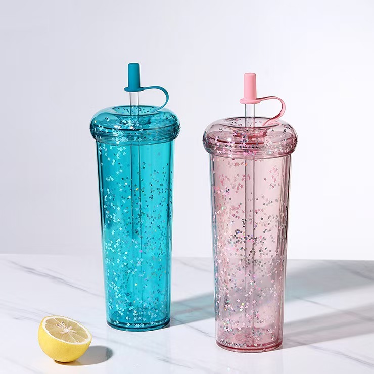 RTS CHINA - 10oz/14oz/17oz/24oz Thermal Transfer/Customized Pre-drilled Glitter Double Wall Blank Tritan Material Sippy Straw Cup