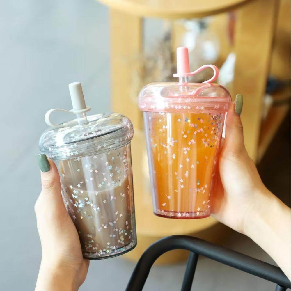 RTS CHINA - 10oz/14oz/17oz/24oz Thermal Transfer/Customized Pre-drilled Glitter Double Wall Blank Tritan Material Sippy Straw Cup