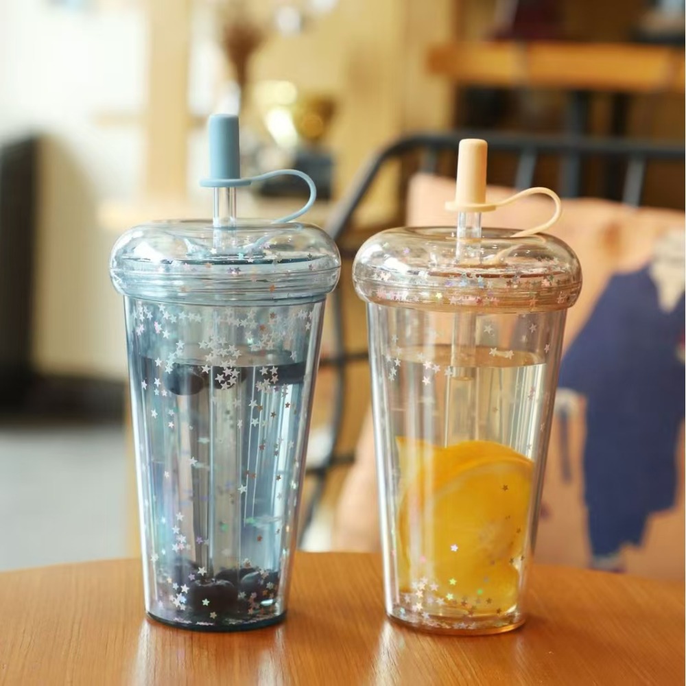 RTS CHINA - 10oz/14oz/17oz/24oz Thermal Transfer/Customized Pre-drilled Glitter Double Wall Blank Tritan Material Sippy Straw Cup