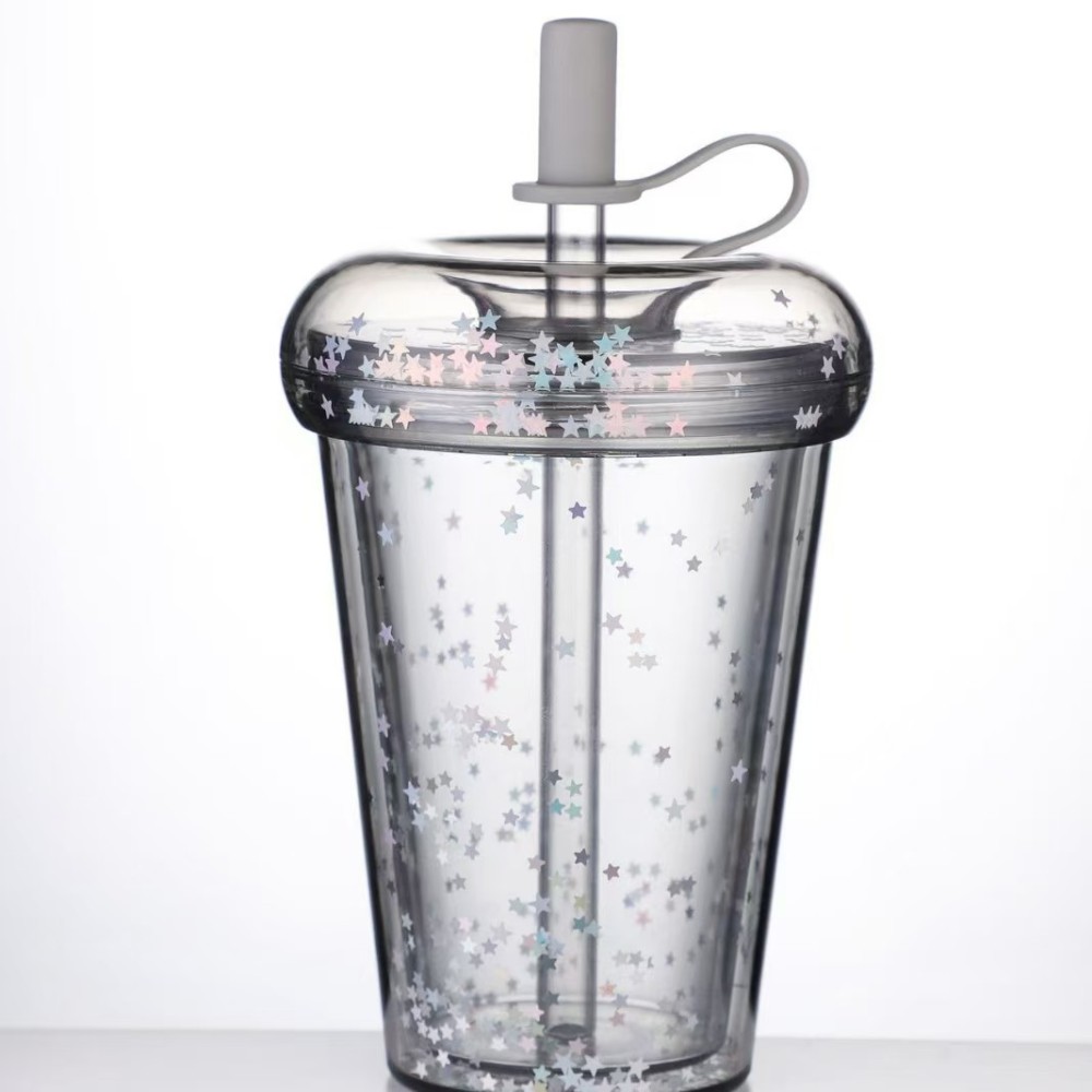 RTS CHINA - 10oz/14oz/17oz/24oz Thermal Transfer/Customized Pre-drilled Glitter Double Wall Blank Tritan Material Sippy Straw Cup