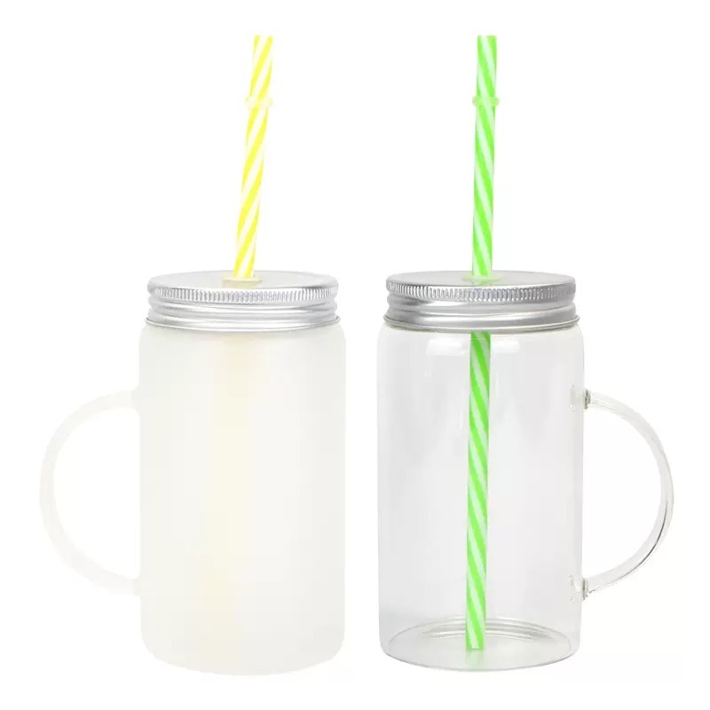 RTS CHINA - 17oz Sublimation Clear/Frosted Glass Mason Jar with Handle and Colored Straws