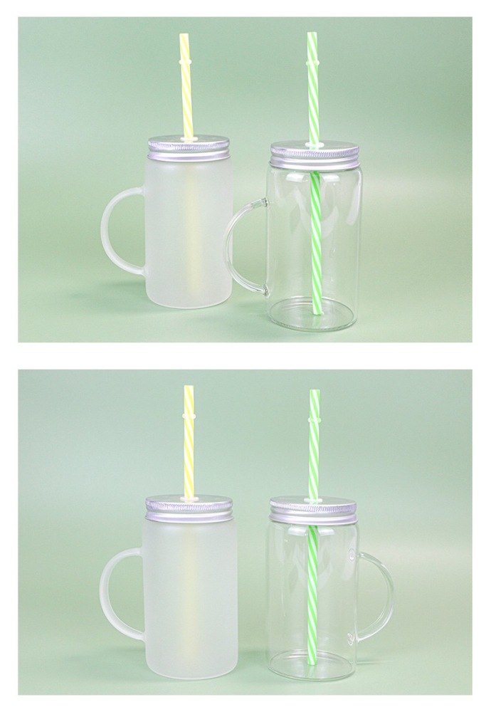 RTS CHINA - 17oz Sublimation Clear/Frosted Glass Mason Jar with Handle and Colored Straws