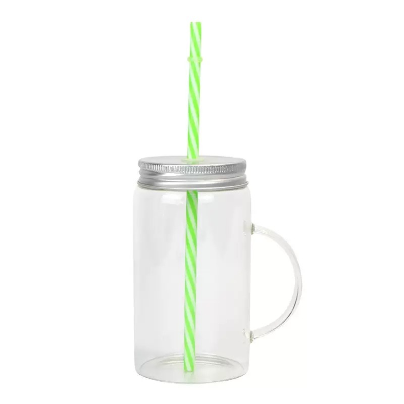 RTS CHINA - 17oz Sublimation Clear/Frosted Glass Mason Jar with Handle and Colored Straws