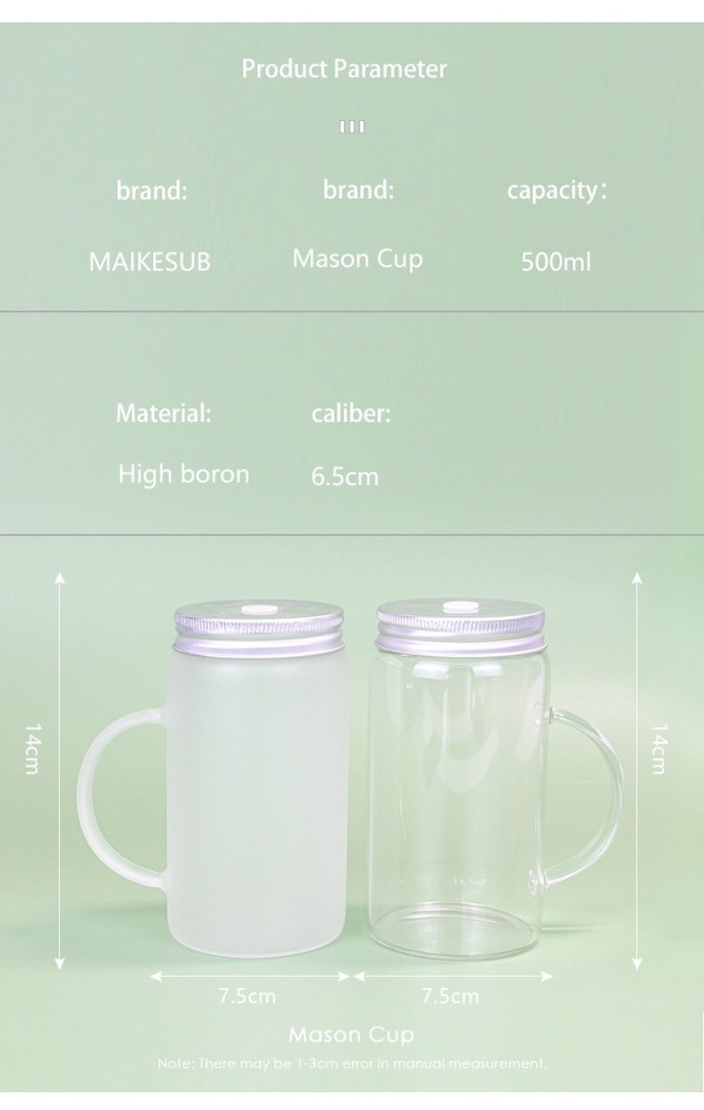 RTS CHINA - 17oz Sublimation Clear/Frosted Glass Mason Jar with Handle and Colored Straws