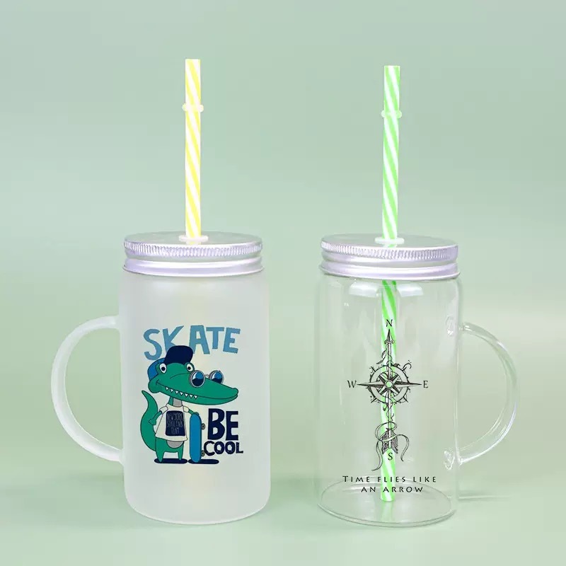 RTS CHINA - 17oz Sublimation Clear/Frosted Glass Mason Jar with Handle and Colored Straws