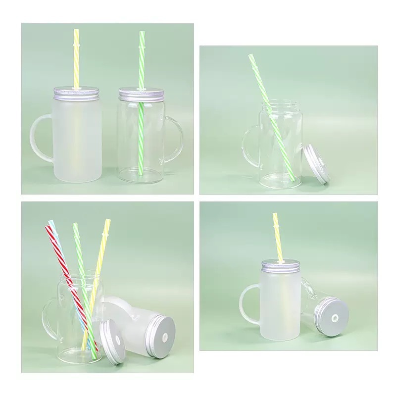 RTS CHINA - 17oz Sublimation Clear/Frosted Glass Mason Jar with Handle and Colored Straws