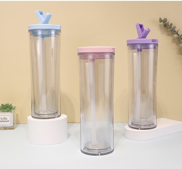 RTS CHINA - 24oz Double Walled Plastic Cup Snow globe Tumblers Ice Drink Plastic Tumblers with Lid and Straw