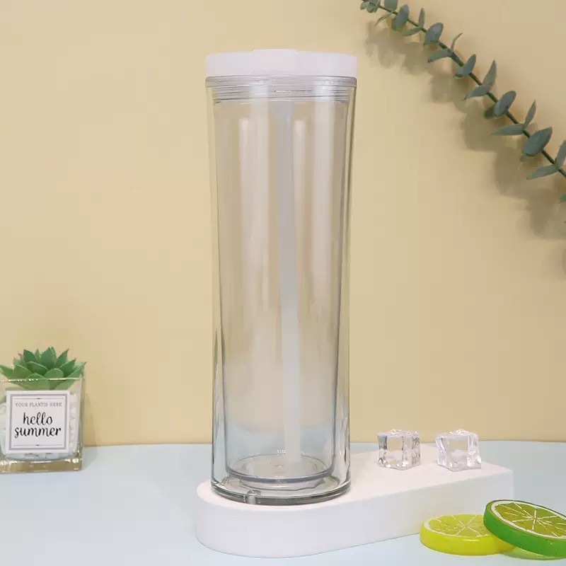 RTS CHINA - 24oz Double Walled Plastic Cup Snow globe Tumblers Ice Drink Plastic Tumblers with Lid and Straw