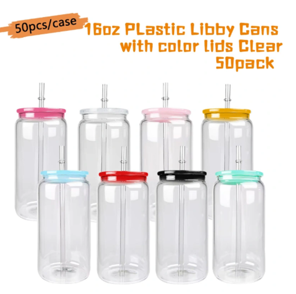 RTS US - Case of 50pack 16oz Acrylic Libby Can with Plastic Clear Straw and Colored Lids
