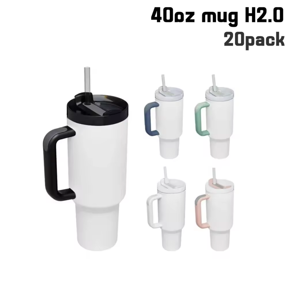 RTS US - Case of 20pack 40oz G2.0 Sublimation Tumblers White Black Handle with plastic straw&lids