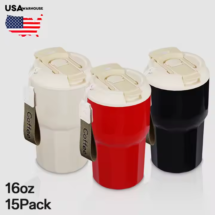 RTS US Warehouse - Case of 15pack 16oz Leakproof Double Walled Stainless Steel Travel Mug Coffee Cup Tumblers