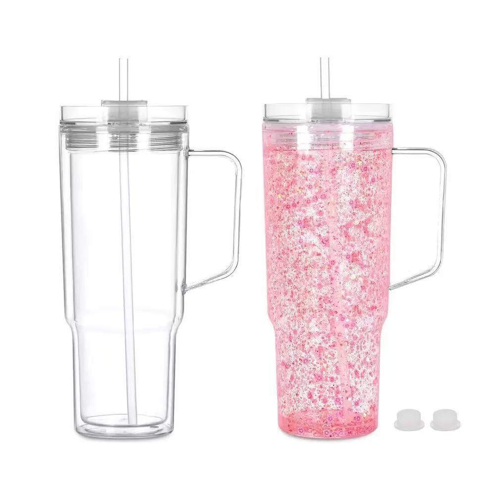 RTS US - Case of 20pack 40oz Clear Snow Globe Double Walled Plastic Tumblers with Plsatic Lids&Straw