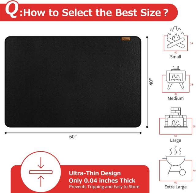 60x40 Inch Double-Sided Fireproof Fireplace Mat, Waterproof &amp; Oil Proof BBQ Under Grill Mat, Fiberglass Wood Stove &amp; Hearth Rug, Ember &amp; Spark Floor Protector for Deck &amp; Patio, Black