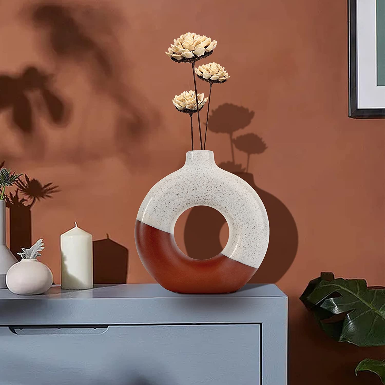 Matorino -Golden Section Line Ceramic Vase for Home Decor, Modern Dried Grass/Flowers Boho Donut Vase for Coffee Table Shelf Decor, Decorative Vase Gift.