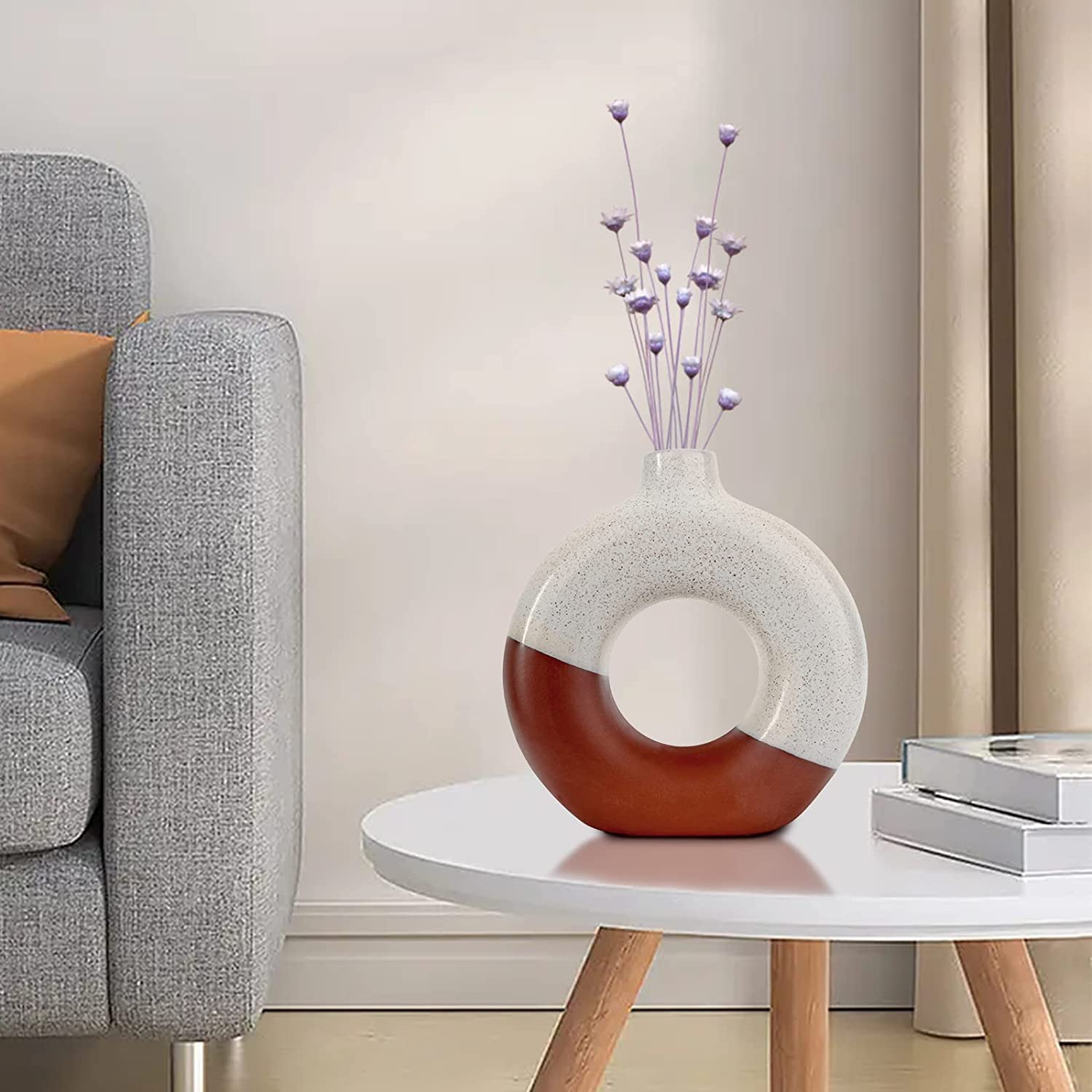 Matorino -Golden Section Line Ceramic Vase for Home Decor, Modern Dried Grass/Flowers Boho Donut Vase for Coffee Table Shelf Decor, Decorative Vase Gift.