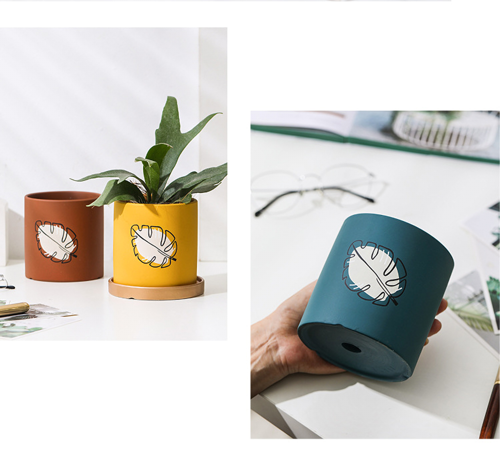 Matorino -Plant pot with Drainage and Saucer, Ceramic Planters Indoor Plants, Flower Pot Outdoor, Leaf Printing Indoor Pots for Plants.