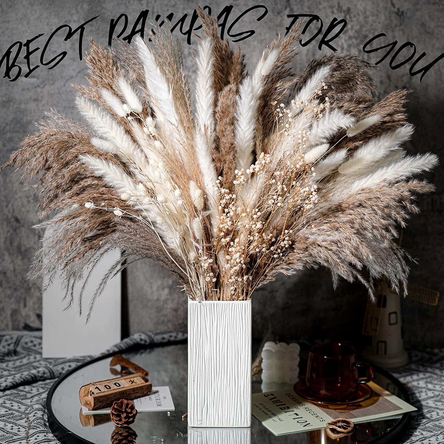 Matorino -Dried Pampas Grass Decor, White & Natural Pampas Grass Dried Flowers, Billy Button Ball Flower, Bunny Tails Grass, Reed Grass Bouquet for Wedding Boho Home House Table Party Decor.