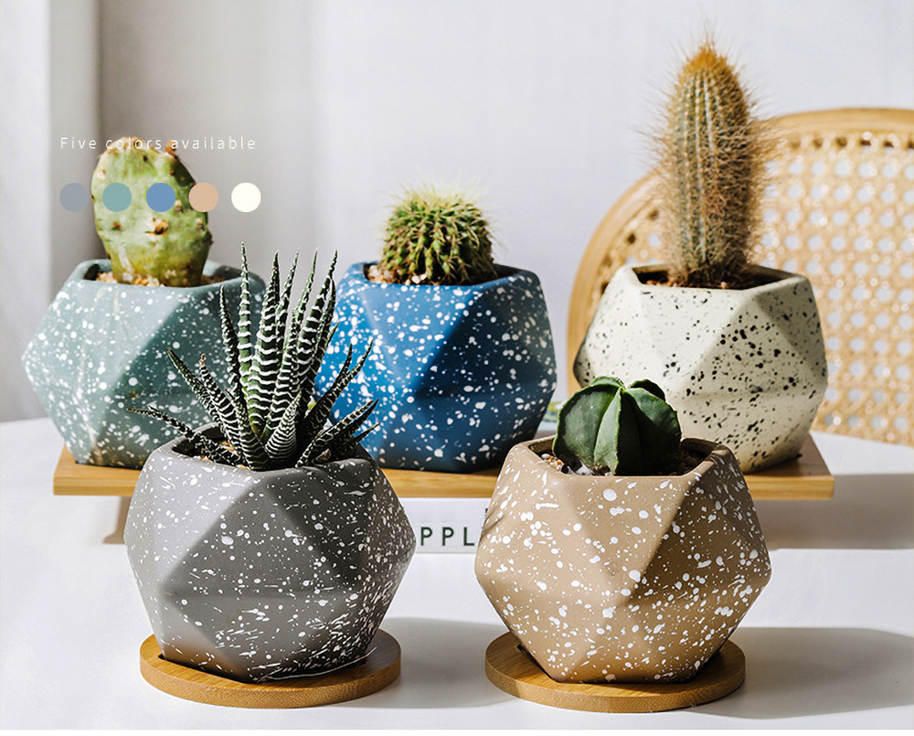 Matorino -Ceramic Succulent Planter Pot with Bamboo Tray, Small Colorful Diamond Shaped Cactus Herb Flowers Planter with Drainage Hole.