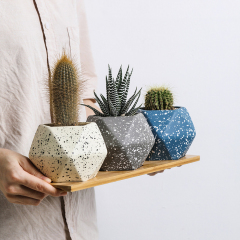 Matorino -Ceramic Succulent Planter Pot with Bamboo Tray, Small Colorful Diamond Shaped Cactus Herb Flowers Planter with Drainage Hole.