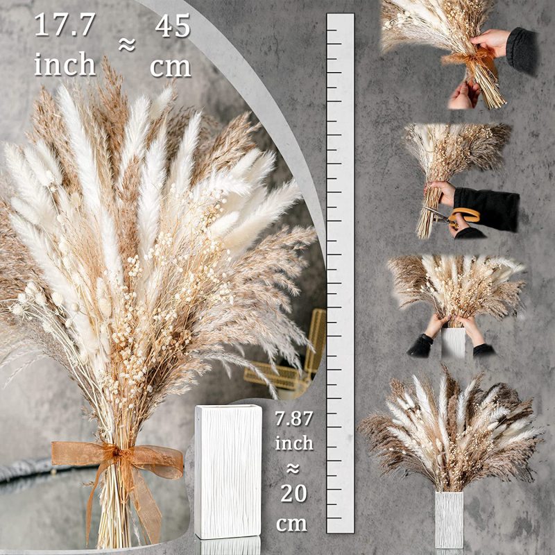Matorino -Dried Pampas Grass Decor, White & Natural Pampas Grass Dried Flowers, Billy Button Ball Flower, Bunny Tails Grass, Reed Grass Bouquet for Wedding Boho Home House Table Party Decor.