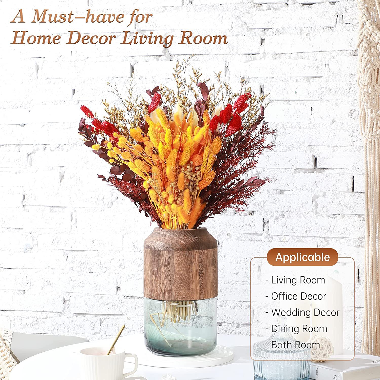 Matorino -Boho Flowers Orange Pampas Grass Decor Fluffy Dried Flower Bouquet Dry Pompas 17"-95-Pcs Fall Decorations for Home Pompous.