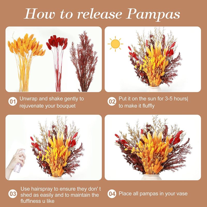 Matorino -Boho Flowers Orange Pampas Grass Decor Fluffy Dried Flower Bouquet Dry Pompas 17"-95-Pcs Fall Decorations for Home Pompous.