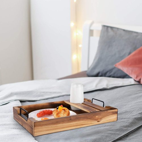 Matorino -Wood Ottoman Serving Tray with Handles &amp; Cup Holder Wooden Wine Serving Tray with Glass Holder Antique Breakfast Serving Trays in Bed Coffee Table.
