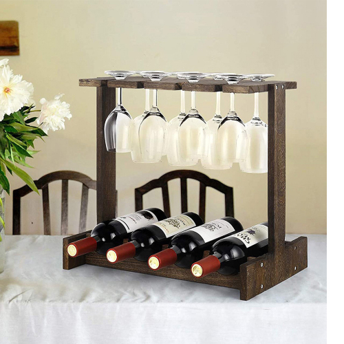 Matorino -Wood Wine Rack, Countertop Wine Storage Stand, Hold 4 Wine Bottles and 8 Glasses, Freestanding Wine Holder Stand for Kitchen, Pantry, Cellar, Bar.