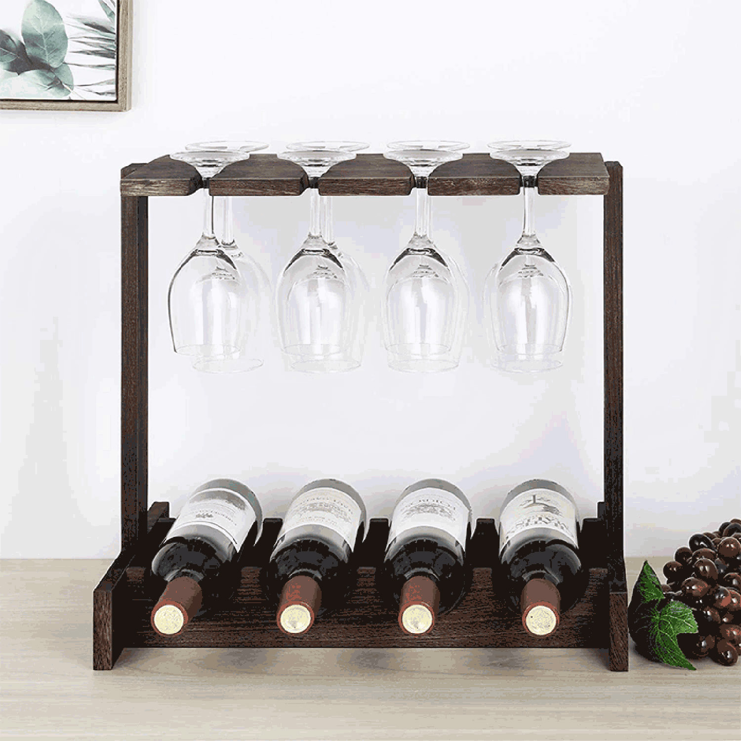 Matorino -Wood Wine Rack, Countertop Wine Storage Stand, Hold 4 Wine Bottles and 8 Glasses, Freestanding Wine Holder Stand for Kitchen, Pantry, Cellar, Bar.
